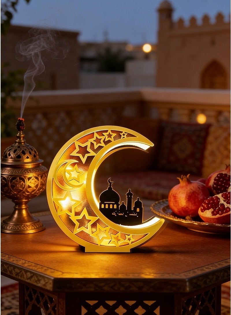 يواوليتي أضواء رمضان، مصباح طاولة رمضان على شكل قمر، مصباح طاولة خشبي للمنزل، ديكور رمضان مبارك - Image 3
